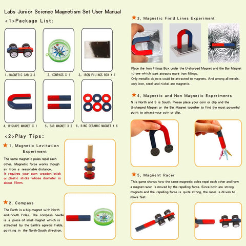 Magnetic Science Kit For Kids A Hands On Physics Lab With Bar Ring Horseshoe Compass Iron Powder Includes Fun Experiments And STEM Learning Tools For Beginners And Curious Teens shown with user manual, package contents, and experiment tips.