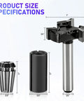Go-To Quarter Inch Shank CNC Router Bit Kit With ER16 Collet, V Bit, End Mills displayed with size specifications