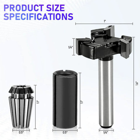 Go-To Quarter Inch Shank CNC Router Bit Kit With ER16 Collet, V Bit, End Mills displayed with size specifications