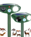 Two Pack Solar Ultrasonic Deer Deterrent With Motion Sensor And Bright LED Strobe For Outdoor Garden Yard Keeps Pests At Bay From Rabbits Raccoons Squirrels Skunks Foxes And Cats Waterproof Weatherproof, green stake units