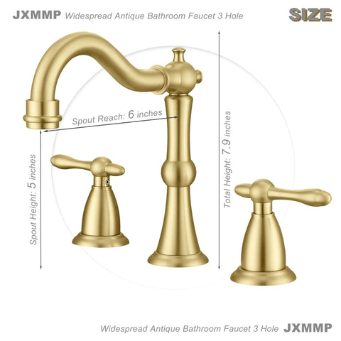 Gold antique bathroom faucet set with dual handles, 3-hole design, spout reach 6 inches, and total height 7.9 inches.