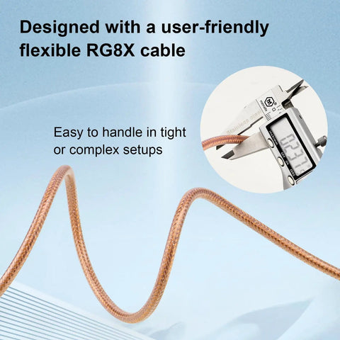 18Ft RG8X Coaxial Cable With Solid Copper Core and Braided Shield shown with digital caliper for measurement
