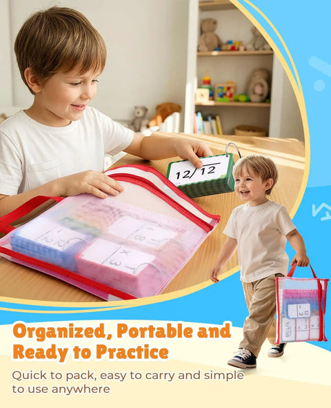Child using Math Flash Cards Set for Kids 4-8, 288 Double-Sided Cards with Chart and Storage Ring, practicing math at home.