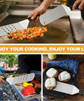 Five Piece Griddle Tools Set For Cast Iron And Flat Top Griddles, shown cooking on grills and serving food on cast iron.