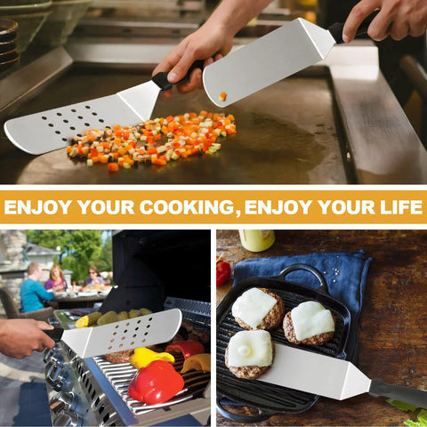 Five Piece Griddle Tools Set For Cast Iron And Flat Top Griddles, shown cooking on grills and serving food on cast iron.