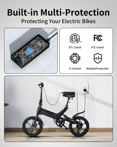 54.6V Electric Bike Charger For Jetson Haze Ride Ready Plug And Go E Bike Models JHAZE BLK JHAZE CAN BLK JHAZE BLK OB JHAZE BLK RA Replacement For JY 546150 With Stable 2A Output connected to an electric bike with multi-protection features visible.