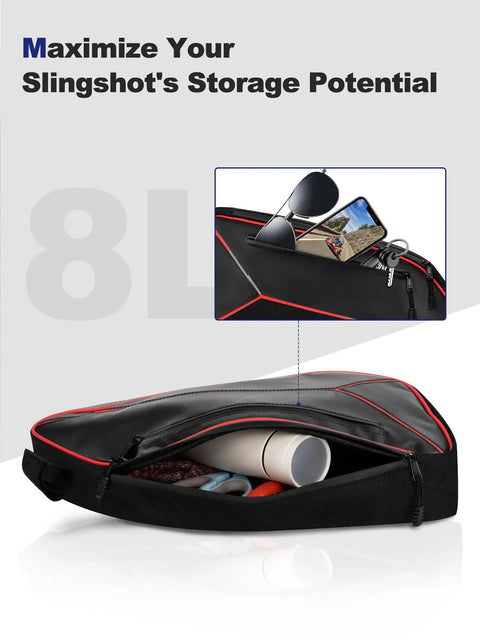 Close-up of waterproof side door storage bag for Polaris Slingshot 2015 to 2023, showing dual compartments with zippers.