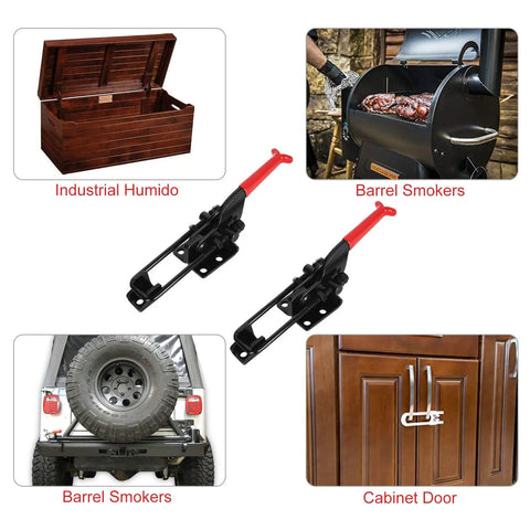 Four Pack Heavy Duty Toggle Clamps With 700 Pound Capacity GH431 Adjustable U Bolt Self Locking Quick Release Latch Clamp in use on various items like industrial humidor, barrel smoker, tire mount, and cabinet door.