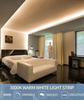 65.6ft Warm White LED Strip Lights Kit With Dimmable 24V Power Supply installed in modern bedroom ceiling