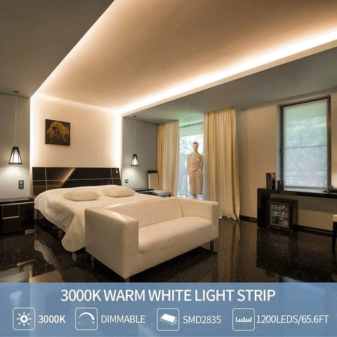 65.6ft Warm White LED Strip Lights Kit With Dimmable 24V Power Supply installed in modern bedroom ceiling