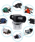 Central RV Water Pump Strainer Filter 1/2 Inch Twist-On with mesh screen, surrounded by various compatible pump models.