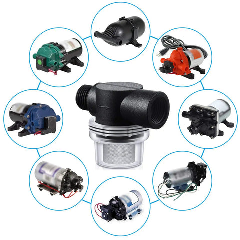 Central RV Water Pump Strainer Filter 1/2 Inch Twist-On with mesh screen, surrounded by various compatible pump models.