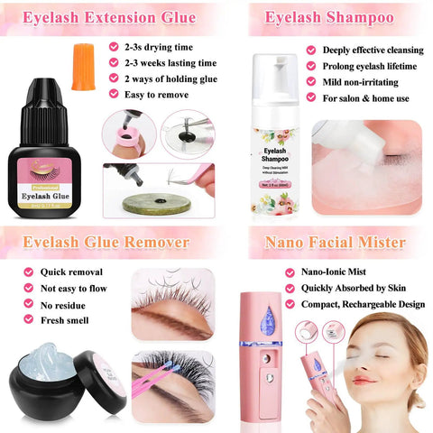 Lash extension glue, eyelash shampoo, glue remover, and nano mister from the All In One Beginner Lash Extension Practice Kit With Mannequin Head Starter Lash Set Including 0.07D Lashes Glue USB Fan Nano Mister Shampoo Tweezers Under Eye Pads Cleaning Tools And More For At Home Lash Training.