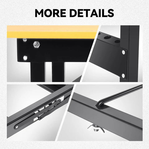 Close-up of Foldable 39.4 Inch Workbench With Built In Measuring Tape And Angle Finder, Side Tool Storage, Heavy Duty Frame details.