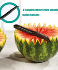 Fruit Splitter Spiral Cutter 2 in 1 Paring Knife With Spiral Cutter, V Shaped Stainless Steel Kitchen Tool shown carving melon