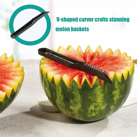 Fruit Splitter Spiral Cutter 2 in 1 Paring Knife With Spiral Cutter, V Shaped Stainless Steel Kitchen Tool shown carving melon