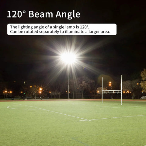 Heavy-Duty 600W LED Flood Light, 60,000 Lumen Ultra-Bright Outdoor Security Lighting illuminating a field at night, 120° beam angle