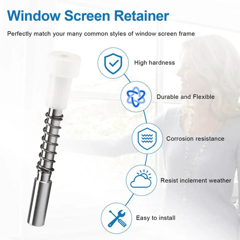 Twenty Piece Window Screen Plunger Latches, Top Notch Aluminum Alloy Spring Push Pins, Heavy Duty Retractable Clip Hardware For No Fuss Hidden Install And Quick Replacement Fixes displayed with flexible spring design and white top.