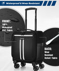 16 Inch Underseat Carry On Luggage with Spinner Wheels Water Resistant PVC Softside Travel Bag Airline Approved For Men Women Personal Item Sized For Cabin Friendly Black showing waterproof PVC fabric and spinner details.