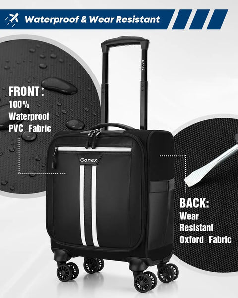 16 Inch Underseat Carry On Luggage with Spinner Wheels Water Resistant PVC Softside Travel Bag Airline Approved For Men Women Personal Item Sized For Cabin Friendly Black showing waterproof PVC fabric and spinner details.
