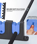 Durable Wall Mount Fishing Rod Holders 1 Pair Vertical Blue Rod Racks For Garage Or Boat Holds Up To Six Poles EVA Foam Grips Protect Rods Easy Installation And Secure Storage, close-up view showing blue EVA foam grips holding fishing rods securely.