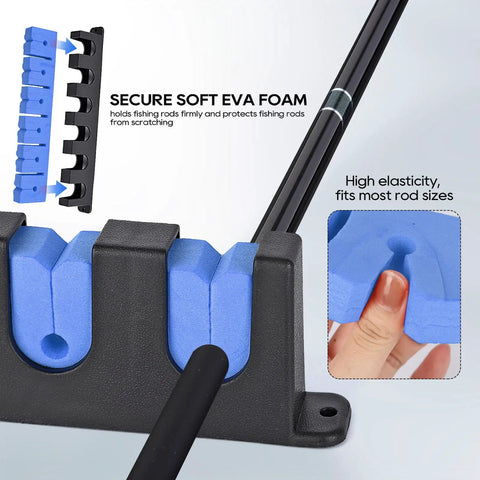 Durable Wall Mount Fishing Rod Holders 1 Pair Vertical Blue Rod Racks For Garage Or Boat Holds Up To Six Poles EVA Foam Grips Protect Rods Easy Installation And Secure Storage, close-up view showing blue EVA foam grips holding fishing rods securely.