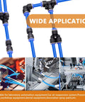 60 Piece 1 Quarter Inch Push To Connect Air Hose Fittings Quick Release Pneumatic Kit with 15 splitters, elbows, tees, and straights for air lines, durable plastic construction visible in different applications.