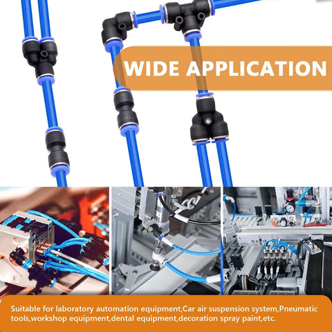60 Piece 1 Quarter Inch Push To Connect Air Hose Fittings Quick Release Pneumatic Kit with 15 splitters, elbows, tees, and straights for air lines, durable plastic construction visible in different applications.