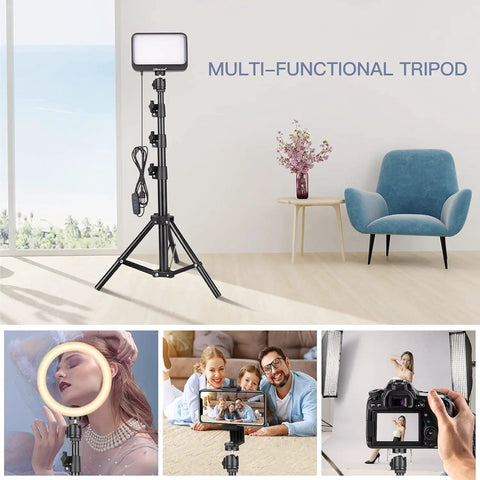 Two Pack LED Video Light Kit With Adjustable Tripod Stands, Dimmable Lighting, setup in modern room with plush chair and window view.