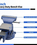 5 Inch Ductile Iron Bench Vise With 360 Degree Swivel Lock Base, featuring beefy heavy duty cast iron construction and non slip jaws