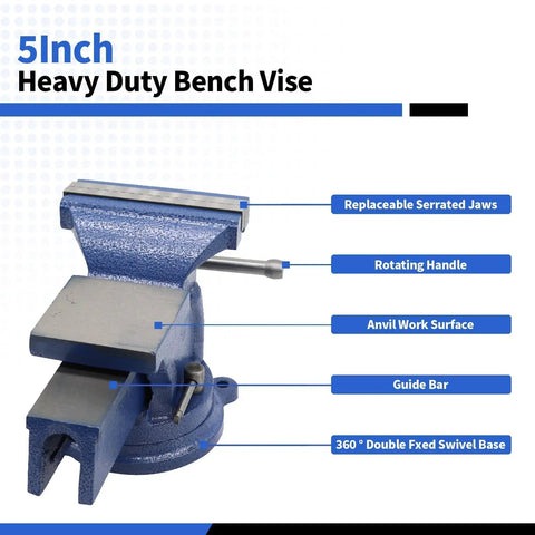 5 Inch Ductile Iron Bench Vise With 360 Degree Swivel Lock Base, featuring beefy heavy duty cast iron construction and non slip jaws