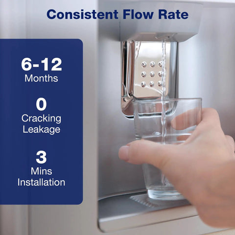 Top Shelf Inline Carbon Water Filter Kit For Refrigerator And Ice Maker With Hassle Free Hookup For Rv Sink Faucet And Ro Systems. A hand filling a glass with water from an appliance.
