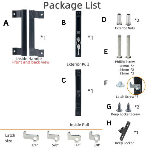 Package list for Heavy Duty Sliding Glass Door Handle Set 6 5/8 Inches Black Zinc Finish With Ergonomic Grip and Lock