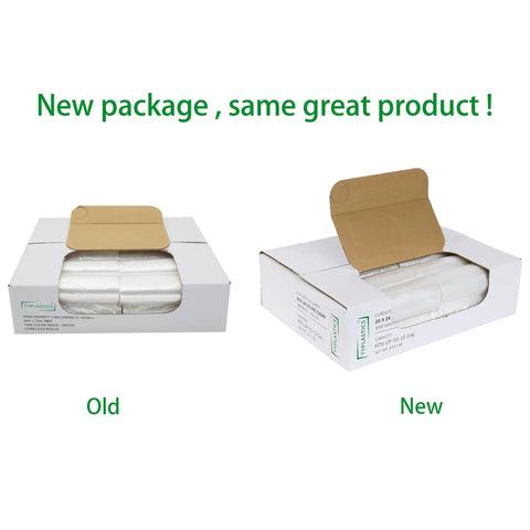 No Mess Clear Trash Bags Bulk Bundle One Thousand Count Seven To Ten Gallon Scent Free Garbage Liners in new packaging side by side with old.