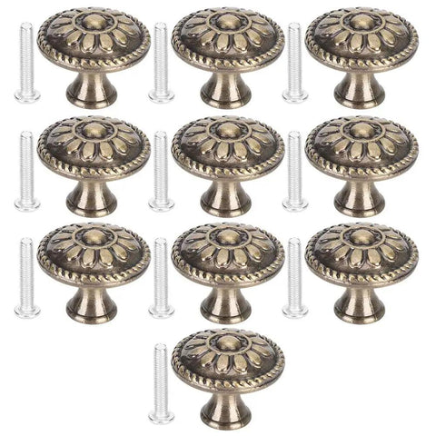 Retro Zinc Alloy Cabinet Pull Handles Set, 10 Pack, 17x10x9, Antique Brass Finish displayed with screws