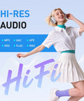 Woman enjoying music with headphones, Hi-Res Audio text, formats listed. Hella Massive 96GB MP3 Player With Bluetooth And WiFi, 4 Inch Android MP4 Player T08, Includes 64GB Card For 96GB Total Storage, Expandable Up To 1TB, Perfect For Offline Music Books And Videos.