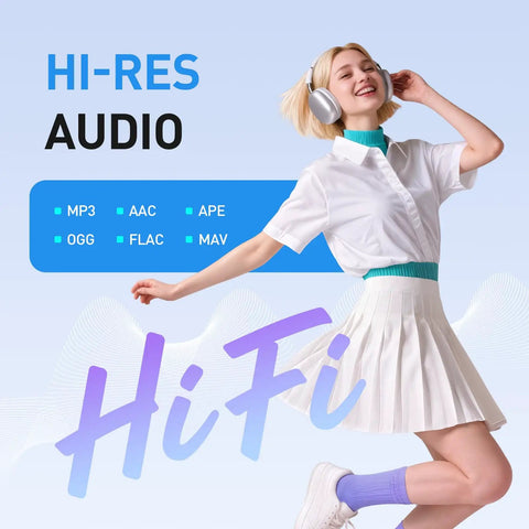 Woman enjoying music with headphones, Hi-Res Audio text, formats listed. Hella Massive 96GB MP3 Player With Bluetooth And WiFi, 4 Inch Android MP4 Player T08, Includes 64GB Card For 96GB Total Storage, Expandable Up To 1TB, Perfect For Offline Music Books And Videos.