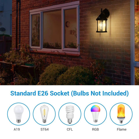 Dusk To Dawn Outdoor Wall Lantern 2 Pack Matte Black Weatherproof Exterior Light Fixture Sconce with lit bulb on brick wall