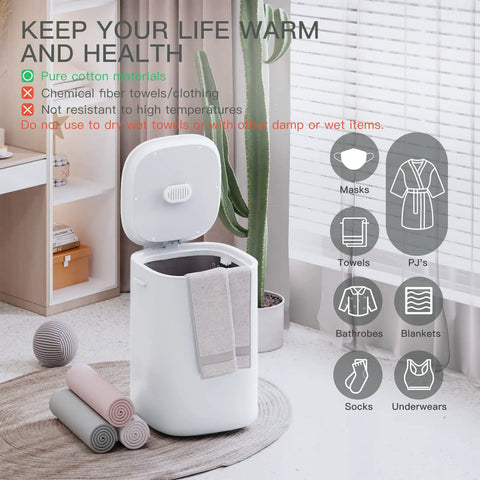 Bucket Style Towel Warmer With LED Display, 26L Capacity, open lid showing towel inside, placed in modern home spa setting