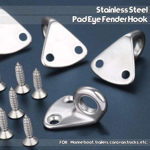 Top Shelf Heavy Hitter Stainless Steel Pad Eye Hooks Marine Grade Wall Mount Coat Hanger Screw Down Fender Hardware For Outdoor Rust Proof Rock Solid Grip 4 Pack, featuring triangular design and included screws.