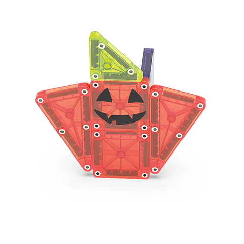 24 Piece Halloween Magnetic Building Tiles For Kids To Build A Mini Haunted House Featuring Spooky Neon Blocks Portable Travel Case showing a mini pumpkin structure.