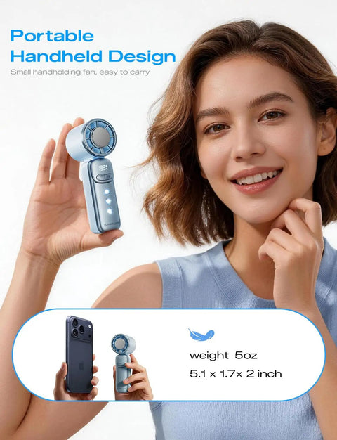 Woman holding Portable Handheld Turbo Fan With Ice Cooling And 199 Speed Infinite Adjustment Rechargeable Personal Fan
