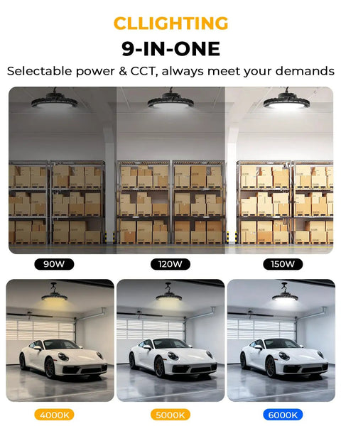 CLLIGHTING 9-in-1 LED high bay light over warehouse shelves and car, showcasing different power and color temperatures