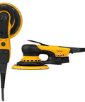 Top Tier 6 Inch Random Orbital Sander Featuring A Smooth Brushless Motor And Effective Dust Extraction Built For Rough Woodshop Jobs Drywall Sanding And Auto Detailing Comes With A Sturdy Zippered Case, showing front and side view.