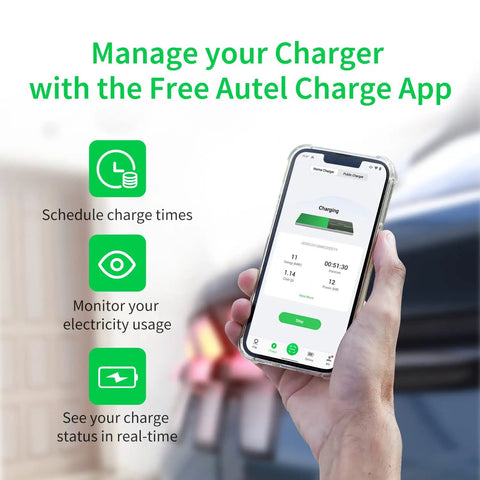 Hand holding smartphone showing app for Level 2 EV Charger 50 Amp Smart AI Electric Vehicle Charger With Wi Fi And Bluetooth EVSE.