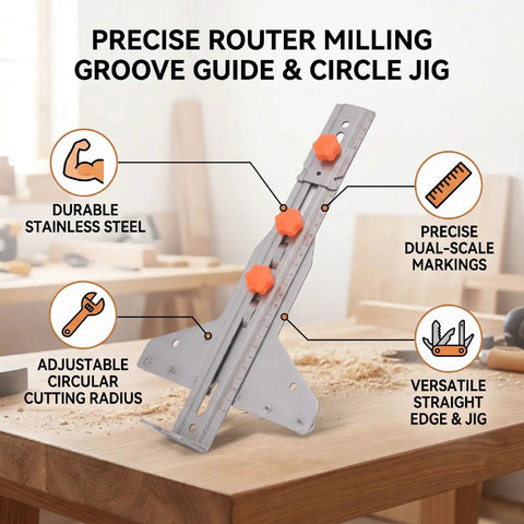 Solid Core Stainless Steel Router Milling Groove Bracket And Knockout Circle Cutting Jig With Crisp Dual Scale Markings, adjustable for precise cuts.