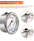 Waterproof Pool Pressure Gauge 60 PSI Back Mount One Fourth Inch NPT Replacement With Large Two Inch Dial Durable Protective Case Easy Bezel Twist For Quick Readouts On Pool Filter Systems, pressure relief detail