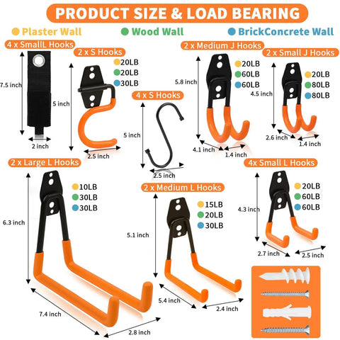 Heavy Duty Garage Hooks Set 20 Pack Wall Mount Utility Hangers For Organization Tool And Ladder Storage Orange With Mounting Screws Space Saving Garage Wall Mounts