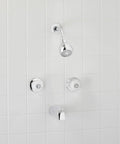 Front view of Polished Chrome Acrylic Tub And Shower Faucet Trim Kit With Two Handles, showerhead, and spout on white tiles