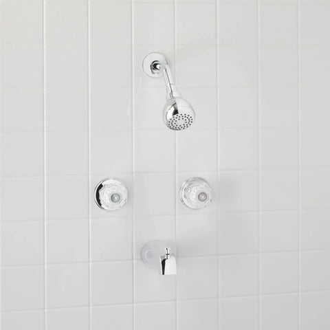 Front view of Polished Chrome Acrylic Tub And Shower Faucet Trim Kit With Two Handles, showerhead, and spout on white tiles